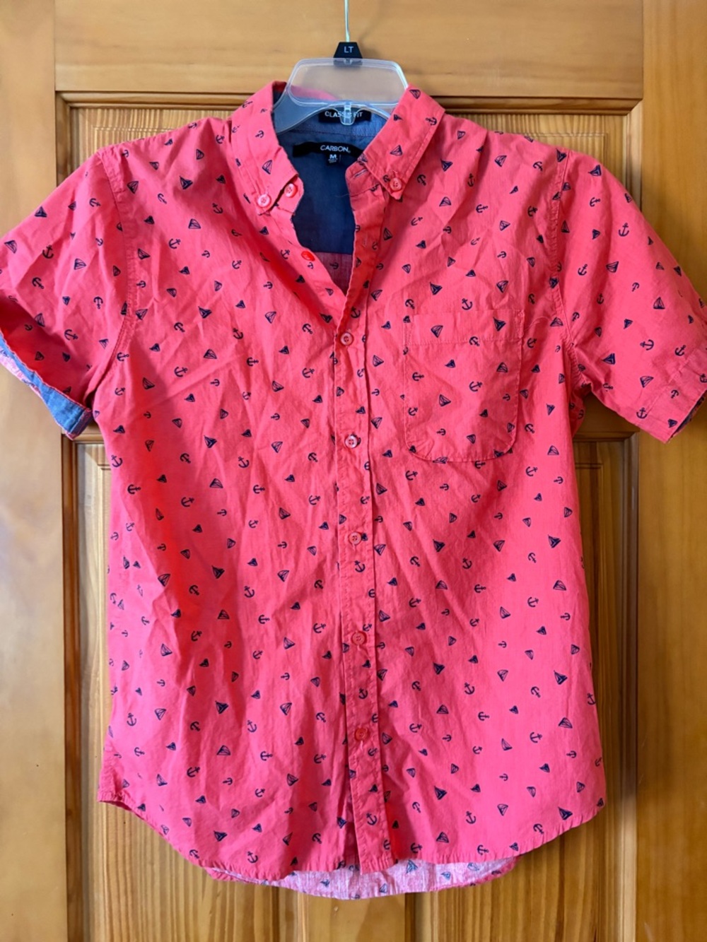 Carbon Red Short-Sleeve Button-Down Shirt with Anchor/Sailboat Print